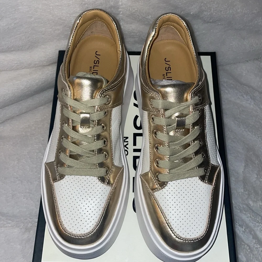 NWT J/SLIDES HARLOWE White/Light Gold Leather Sneaker - Picture 11 of 15